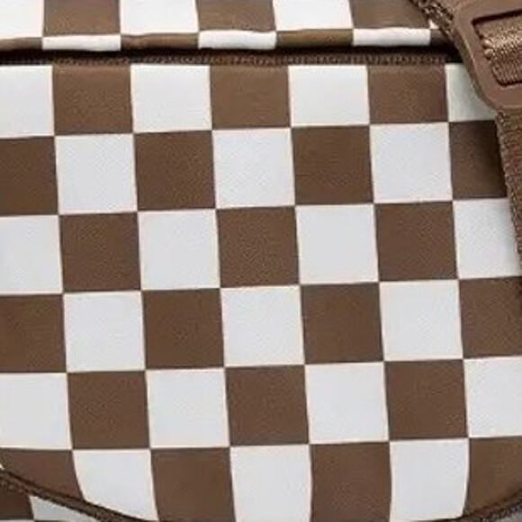 Checkered Nylon Fanny Pack Sling Bags Brown White - Picture 2 of 3
